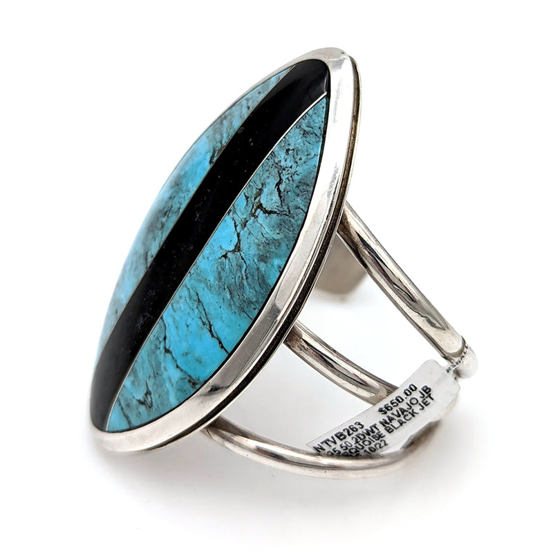 Navajo Signed JB Sterling Silver Turquoise & Black Jet Cuff Bracelet