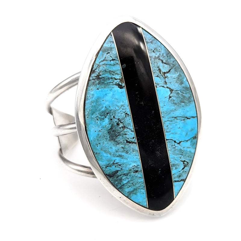 Navajo Signed JB Sterling Silver Turquoise & Black Jet Cuff Bracelet