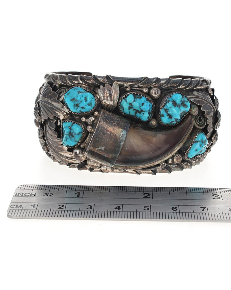 Navajo N. King Sterling Silver Turquoise Bear Claw Cuff Bracelet