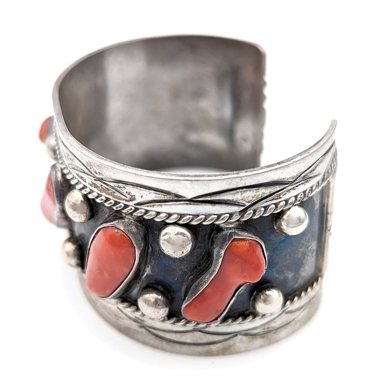 Navajo Signed VERO Sterling Silver Red Coral Cuff Bracelet