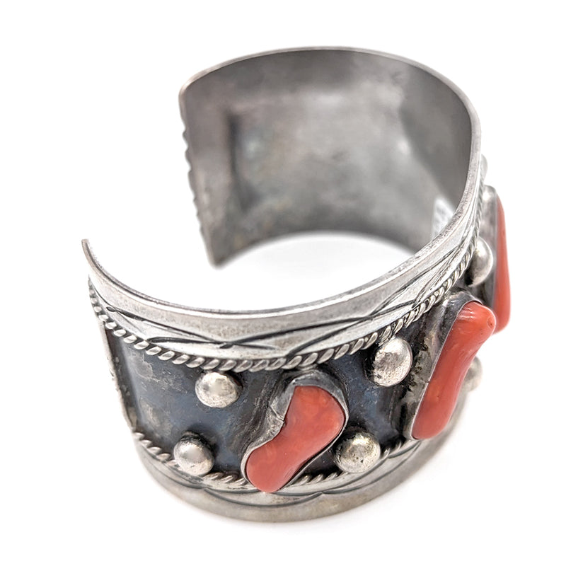 Navajo Signed VERO Sterling Silver Red Coral Cuff Bracelet