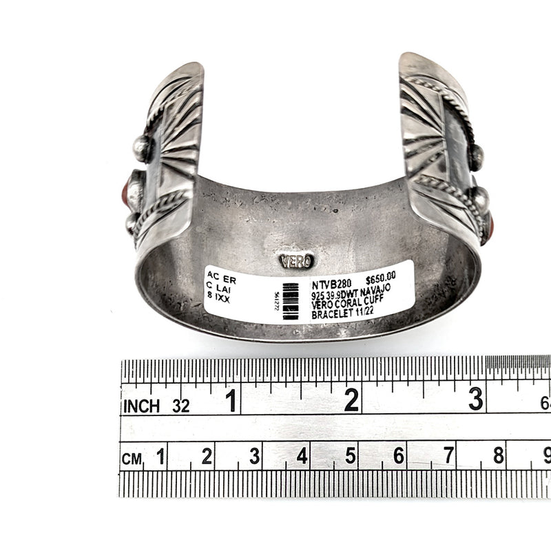 Navajo Signed VERO Sterling Silver Red Coral Cuff Bracelet