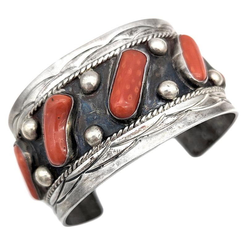 Navajo Signed VERO Sterling Silver Red Coral Cuff Bracelet