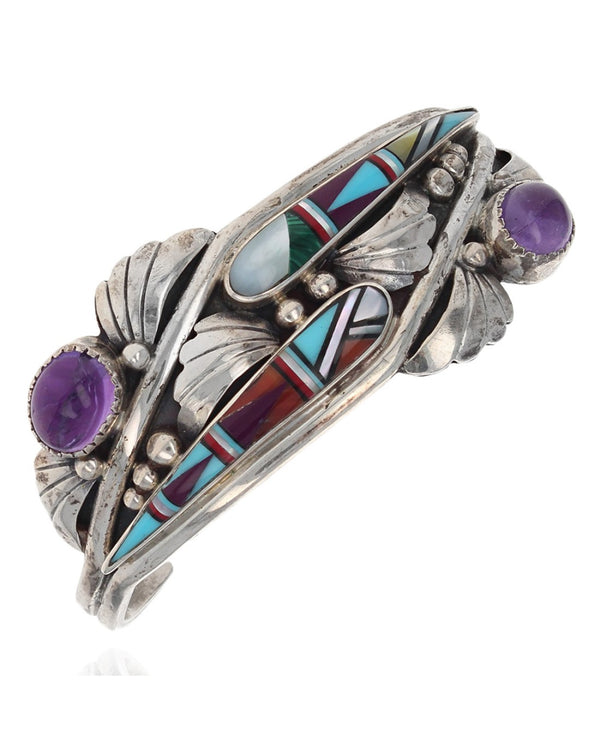 Zuni Signed JC Sterling Silver Multi-Stone Inlay & Amethyst Cuff Bracelet