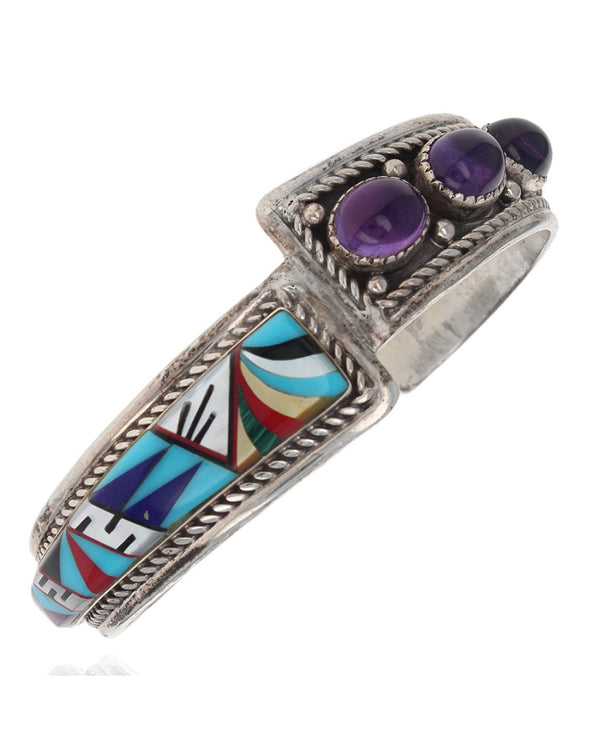 Zuni Signed NS Sterling Silver Multi-Stone Inlay & Amethyst Cuff Bracelet