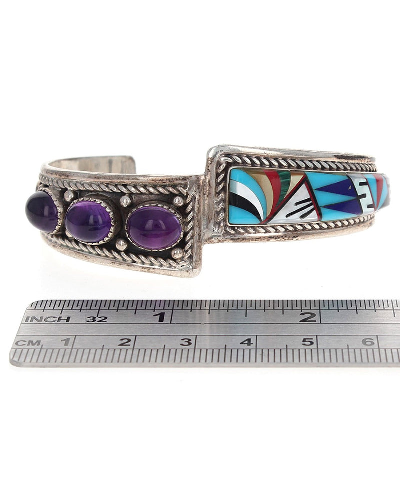 Zuni Signed NS Sterling Silver Multi-Stone Inlay & Amethyst Cuff Bracelet