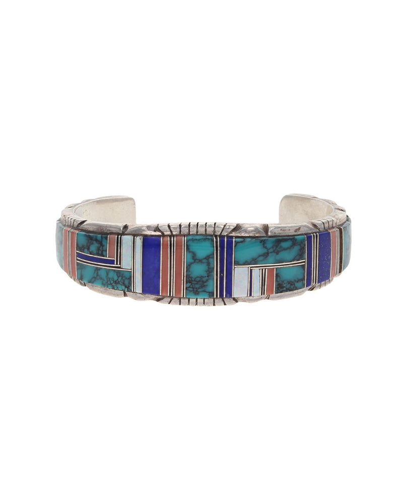 Navajo Signed B Sterling Silver Multi-Stone Inlay Cuff Bracelet