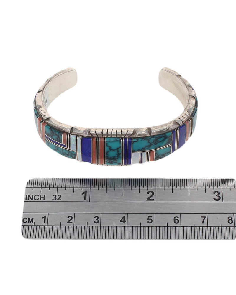 Navajo Signed B Sterling Silver Multi-Stone Inlay Cuff Bracelet