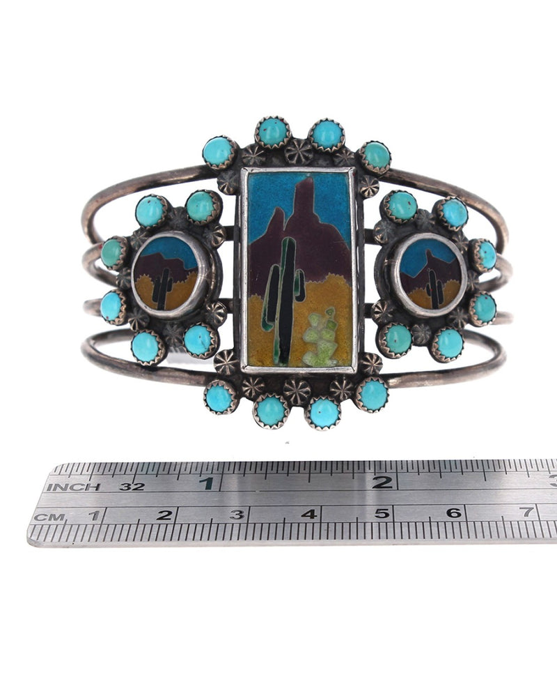 SWD Sterling Silver & Turquoise Desert Landscape Scene Cuff Bracelet