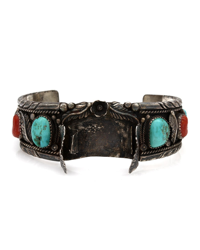 Vintage Navajo Sterling Silver Turquoise Watch Cuff Bracelet signed J. TSO