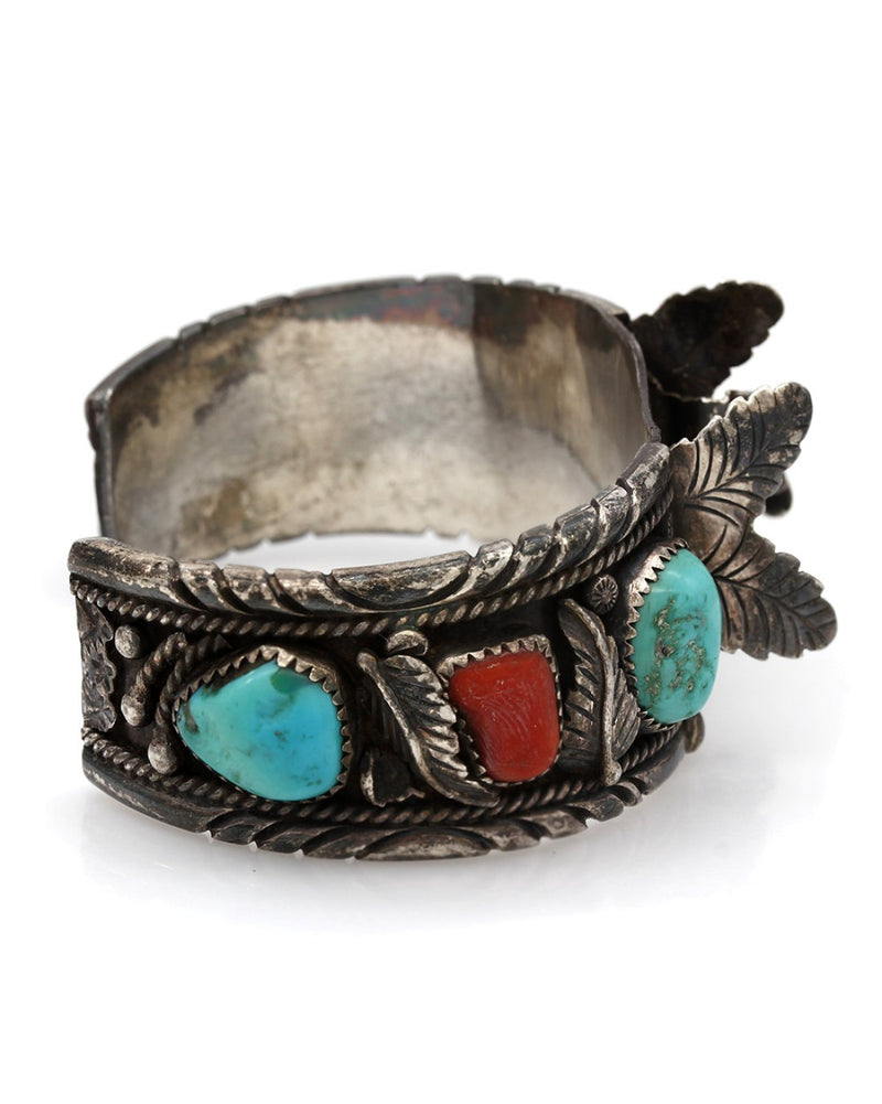 Vintage Navajo Sterling Silver Turquoise Watch Cuff Bracelet signed J. TSO