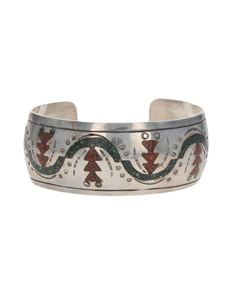 Navajo Signed VY Sterling Silver Turquoise & Coral Chip Inlay Bracelet