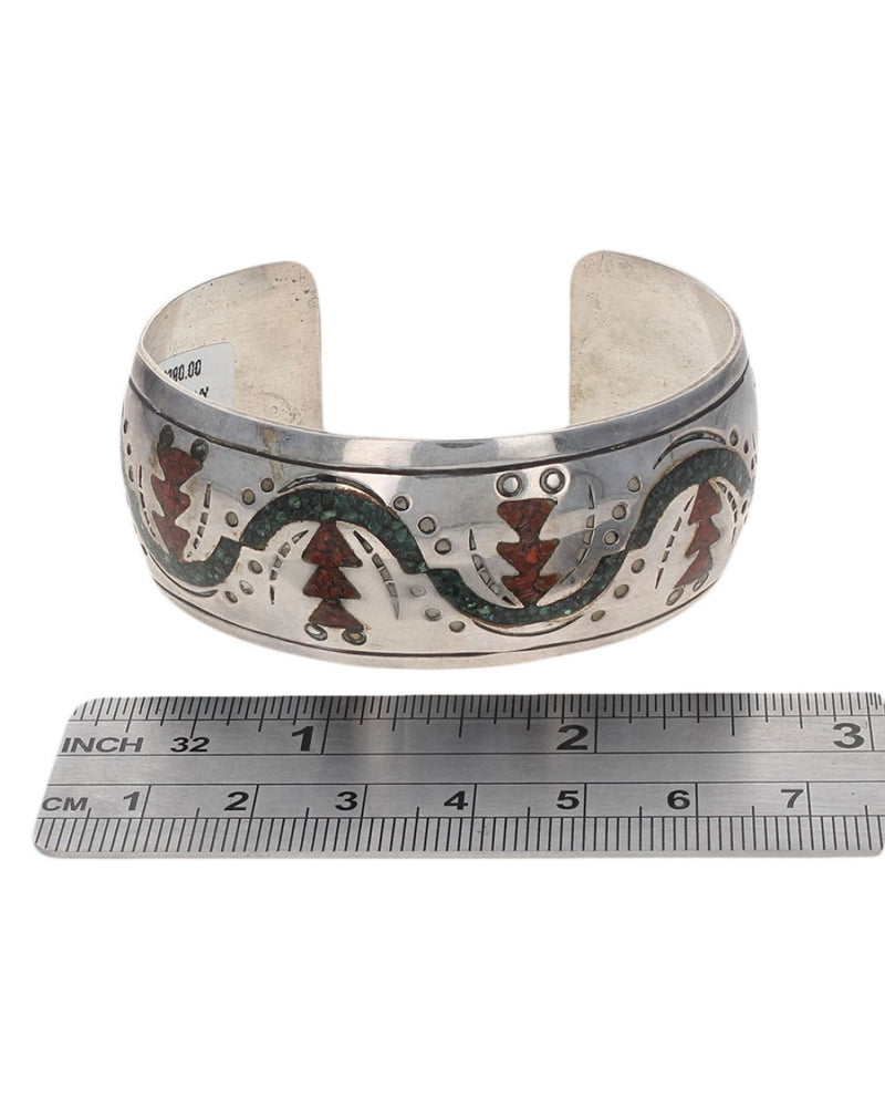 Navajo Signed VY Sterling Silver Turquoise & Coral Chip Inlay Bracelet