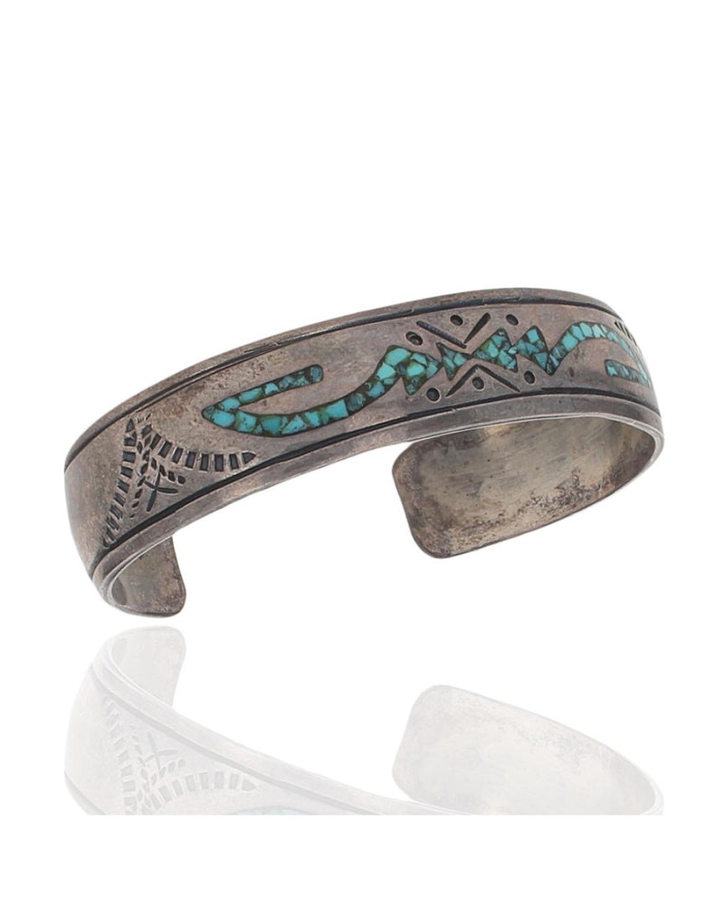 Navajo Signed MB Sterling Silver Turquoise Chip Inlay Bracelet