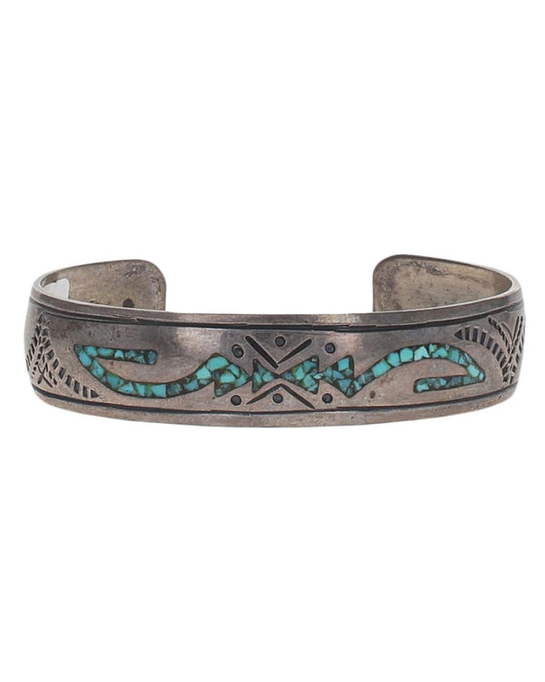 Navajo Signed MB Sterling Silver Turquoise Chip Inlay Bracelet