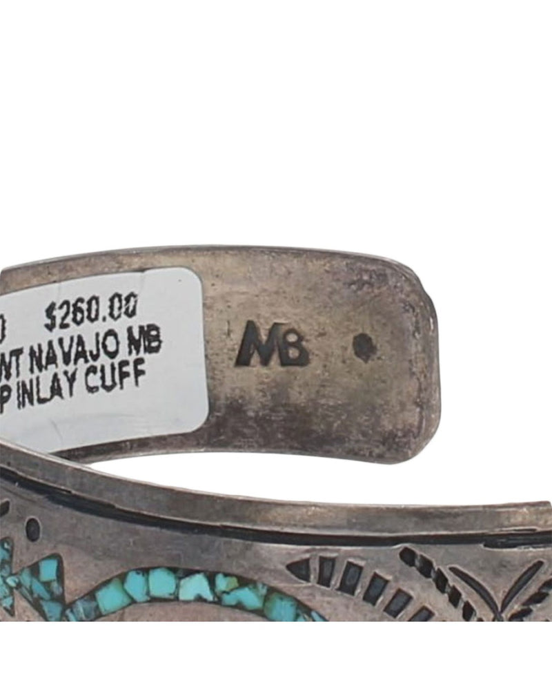 Navajo Signed MB Sterling Silver Turquoise Chip Inlay Bracelet