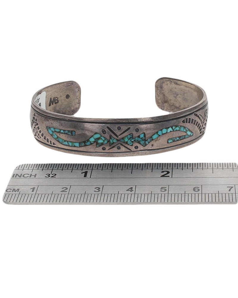 Navajo Signed MB Sterling Silver Turquoise Chip Inlay Bracelet