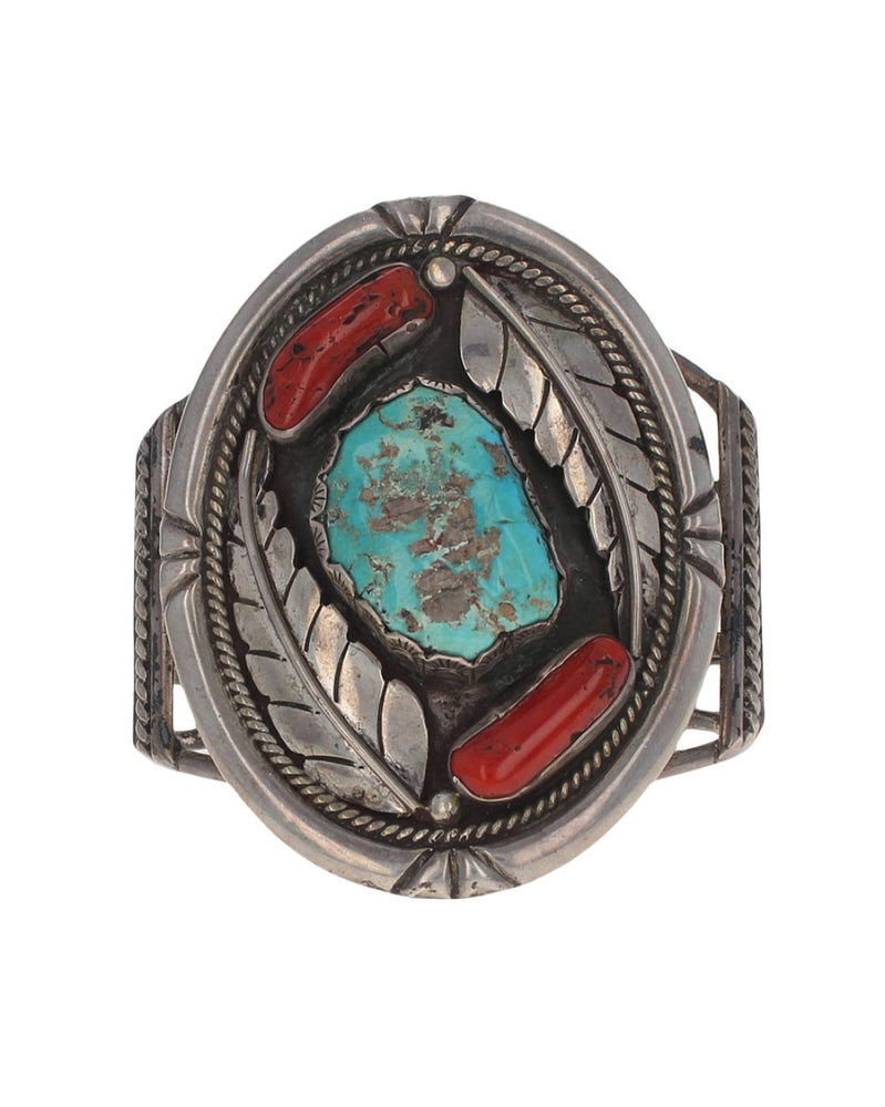 Navajo Raymond Scott Sterling Silver Turquoise & Coral Cuff Bracelet