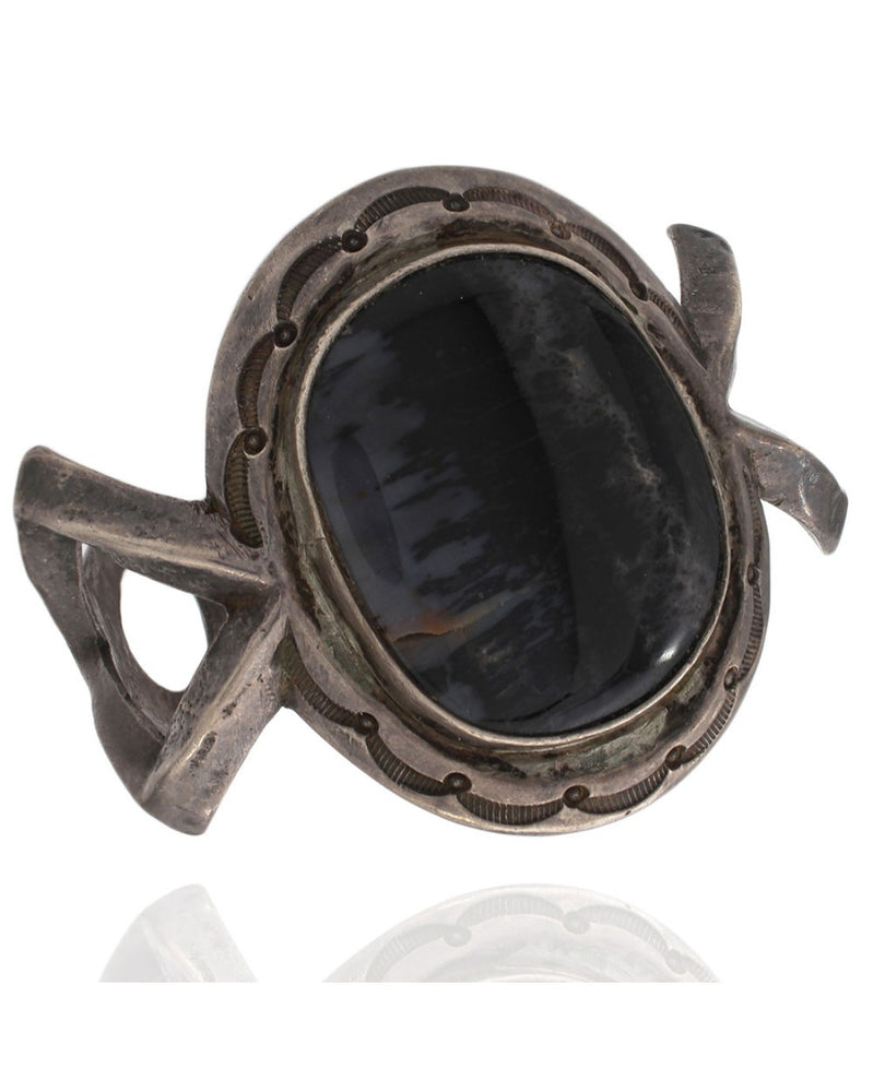 Navajo Cast Sterling Silver & Petrified Wood Cuff Bracelet