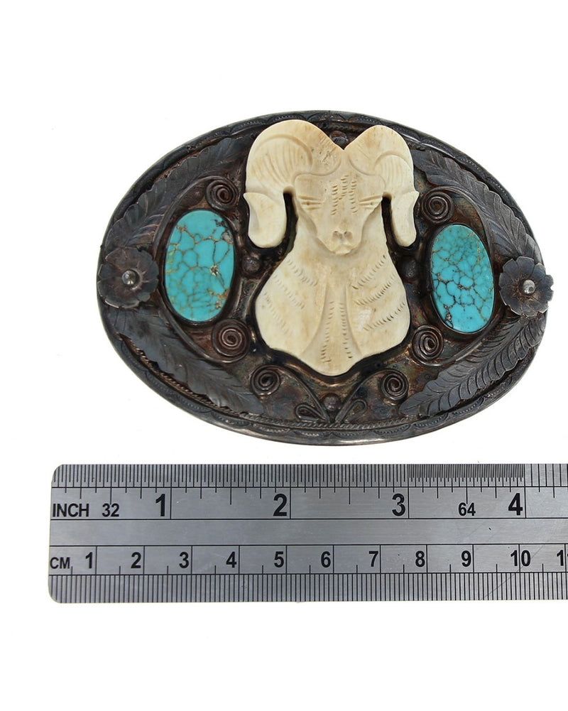 Navajo Felix Joe Sterling Silver Carved Ivory Ram & Turquoise Buckle