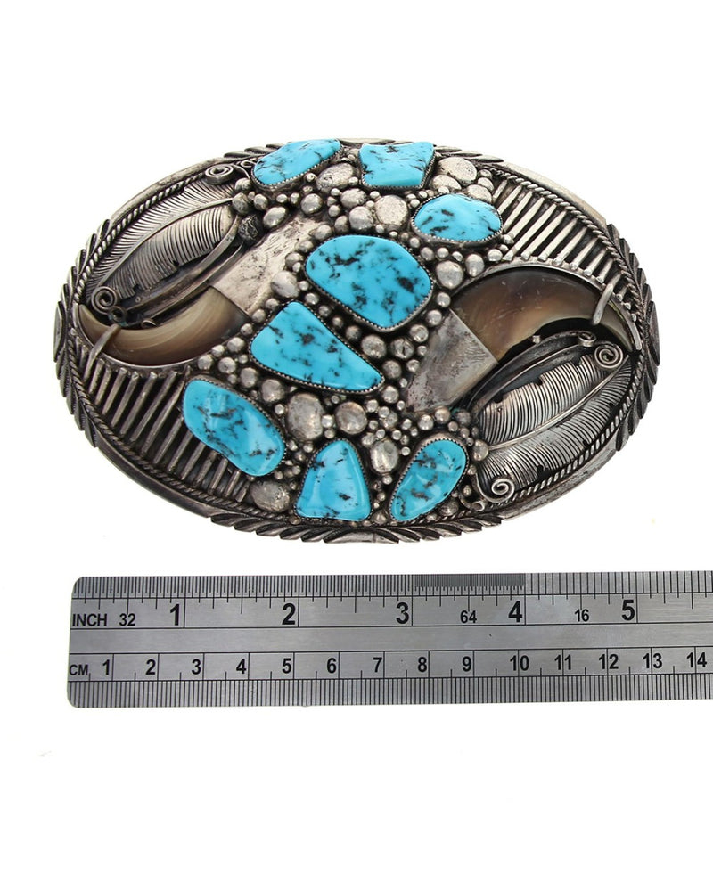 Large Navajo Delbert Chatter Sterling Silver Turquoise & Bear Claw Buckle