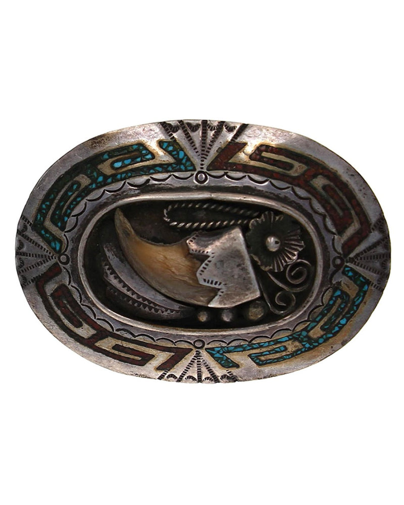 Navajo Henry Baca Sterling Silver Turquoise Coral Chip Inlay Claw Buckle