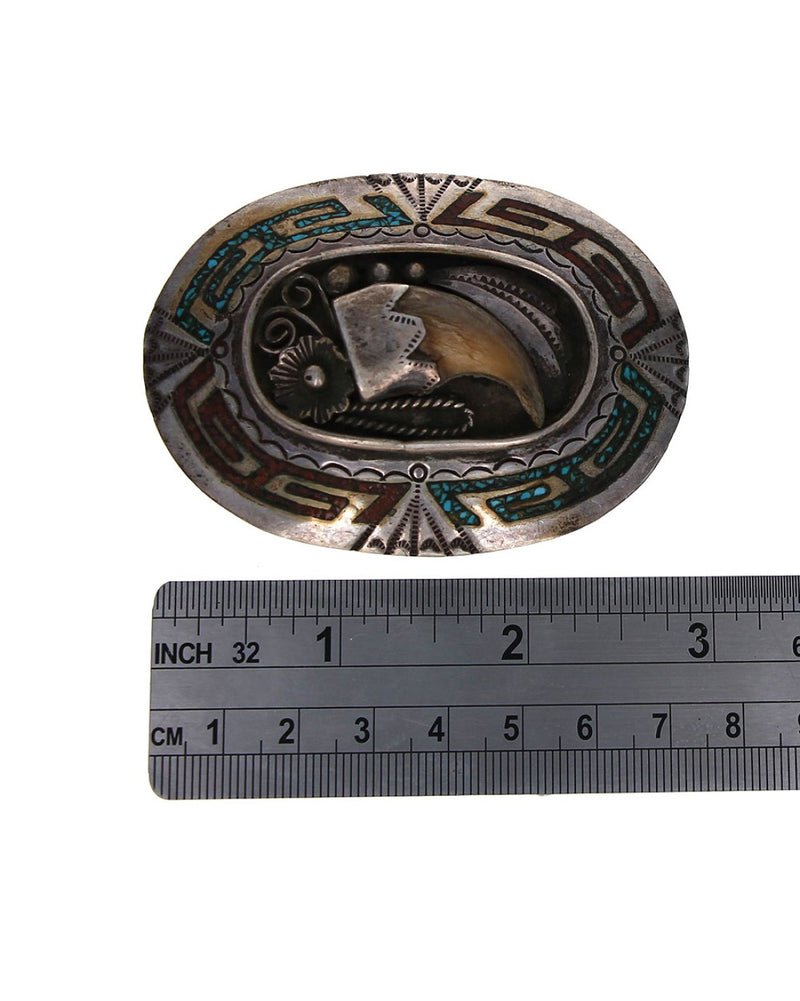 Navajo Henry Baca Sterling Silver Turquoise Coral Chip Inlay Claw Buckle