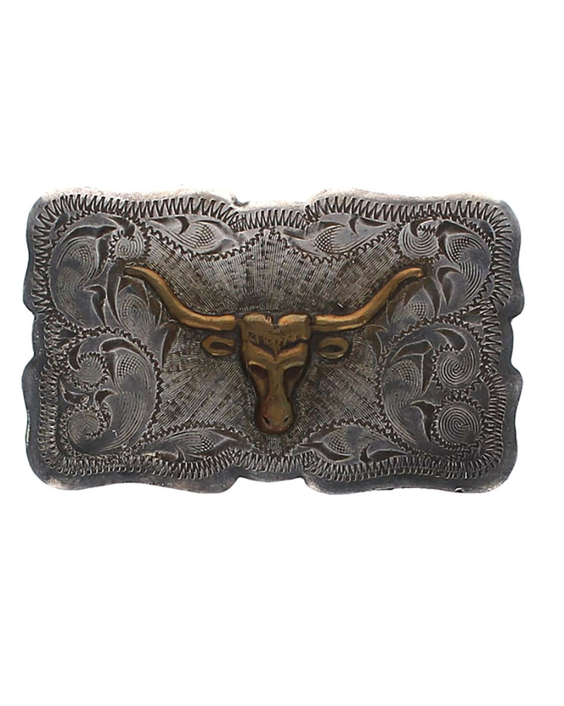 Western Hand Engraved Sterling Silver Steer Buckle