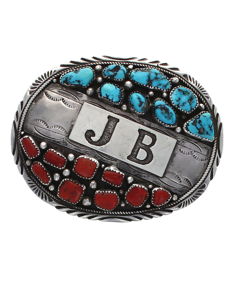 Navajo Gilbert Adakai Sterling Silver Turquoise & Coral Buckle