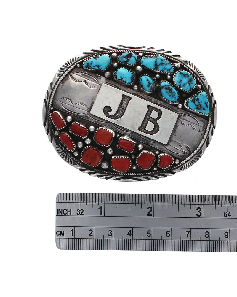 Navajo Gilbert Adakai Sterling Silver Turquoise & Coral Buckle