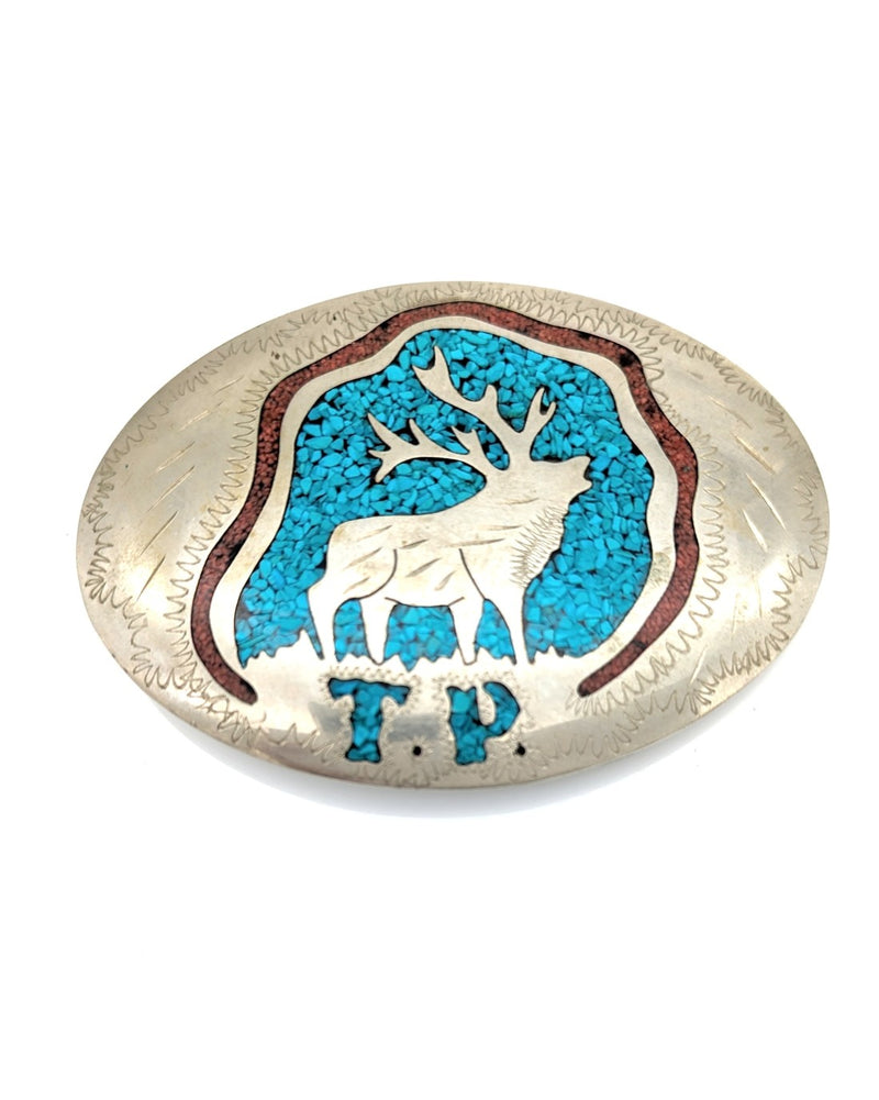 Turquoise & Coral Chip Inlay Elk Western Buckle