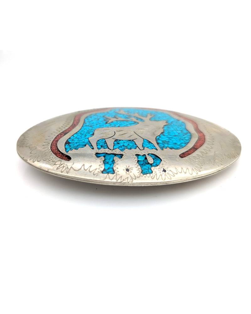 Turquoise & Coral Chip Inlay Elk Western Buckle