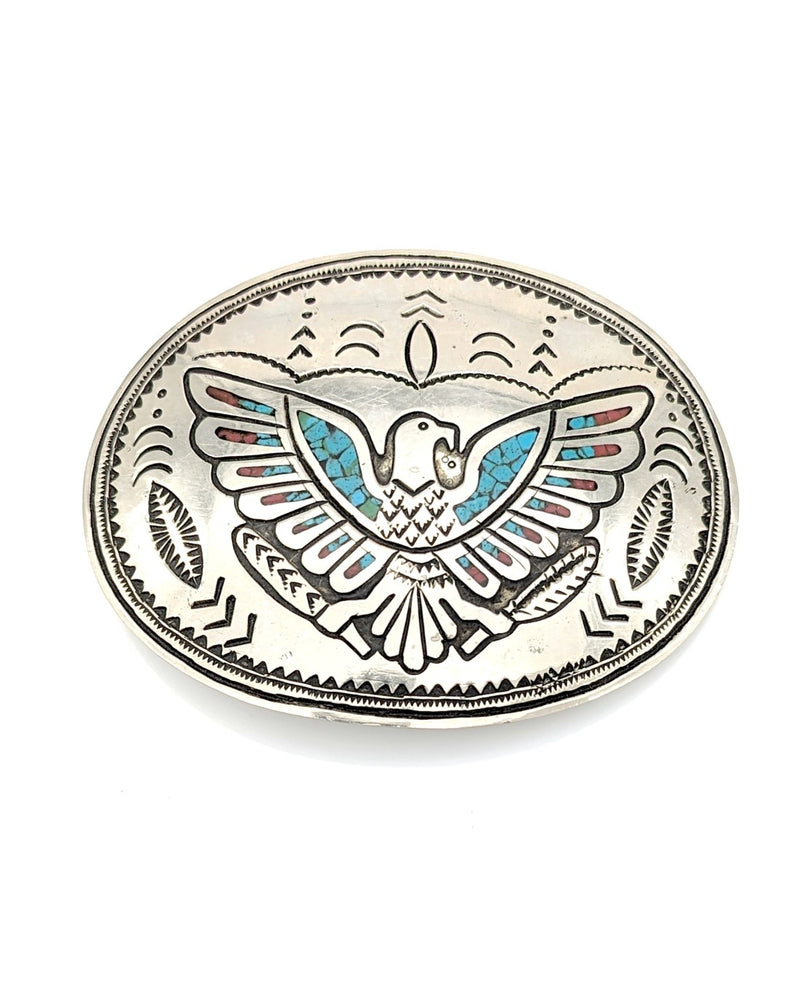 Navajo Turquoise & Coral Chip Inlay Eagle Buckle