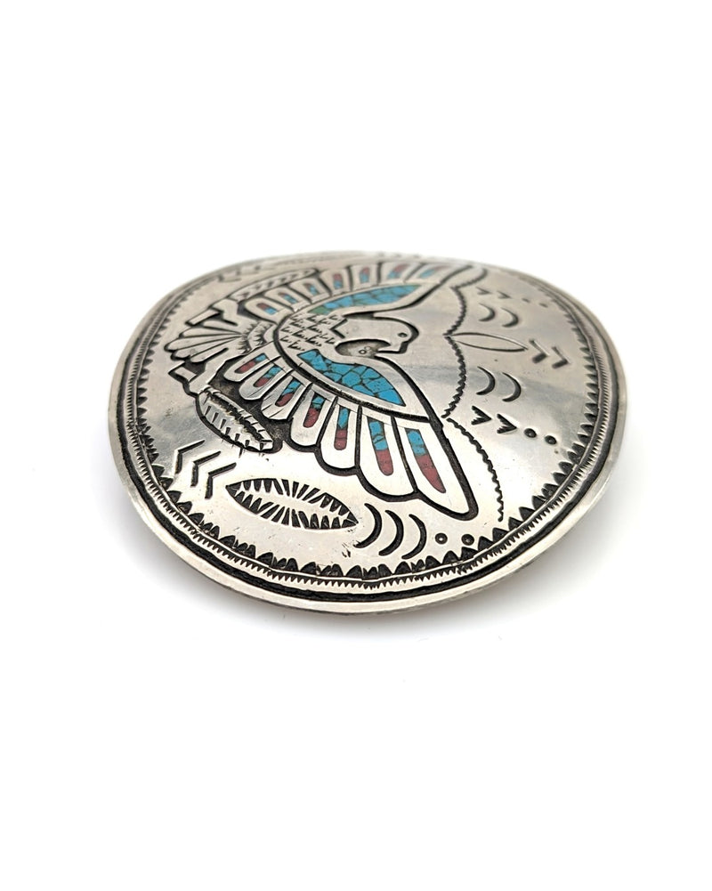 Navajo Turquoise & Coral Chip Inlay Eagle Buckle