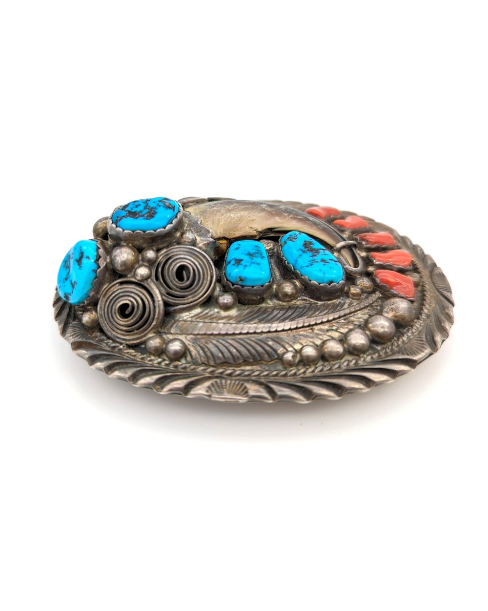Navajo Percy Spencer Sterling Silver Turquoise Coral & Bear Claw