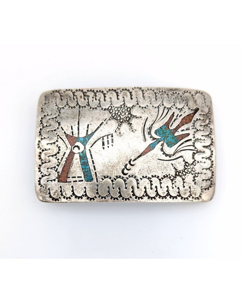 Navajo Sterling SIlver Turquoise & Coral Chip Inlay Buckle