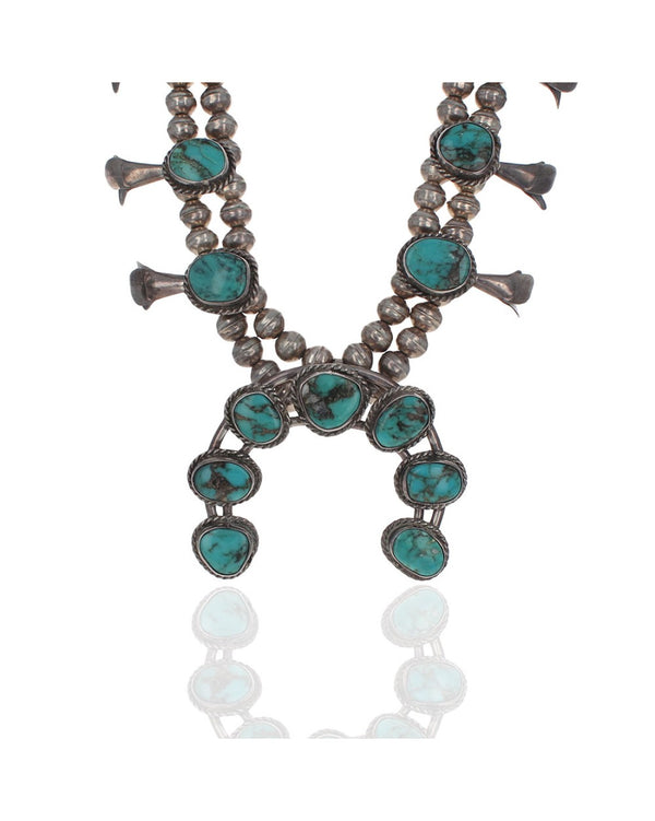 Navajo Sterling Silver & Turquoise Squash Blossom Necklace