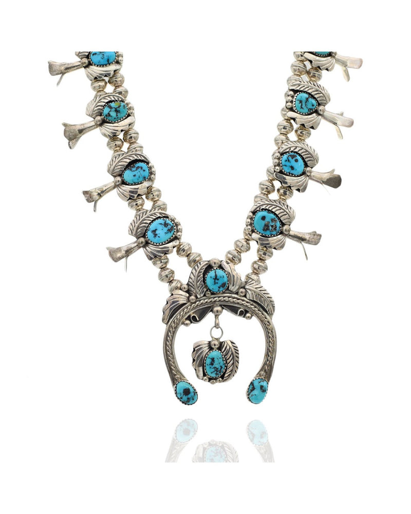 Navajo Harry B Yazzie Sterling Silver & Turquoise Squash Blossom Necklace