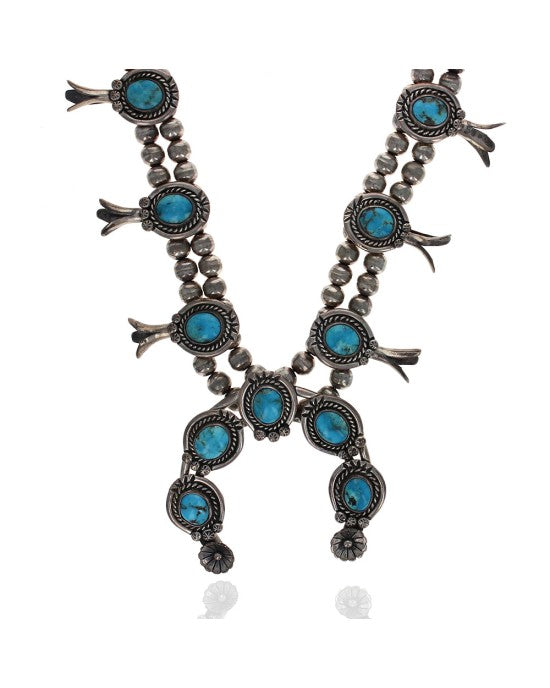 Navajo Sterling Silver & Turquoise Squash Blossom Necklace