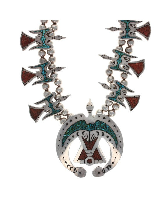 Navajo Sterling Silver Turquoise Coral Chip Inlay Peyote Bird Squash Blossom Necklace