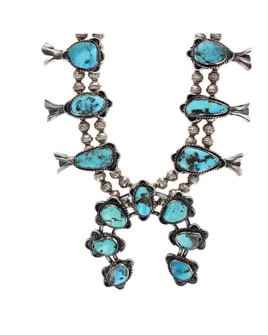 Navajo Sterling Silver & Turquoise Squash Blossom Necklace