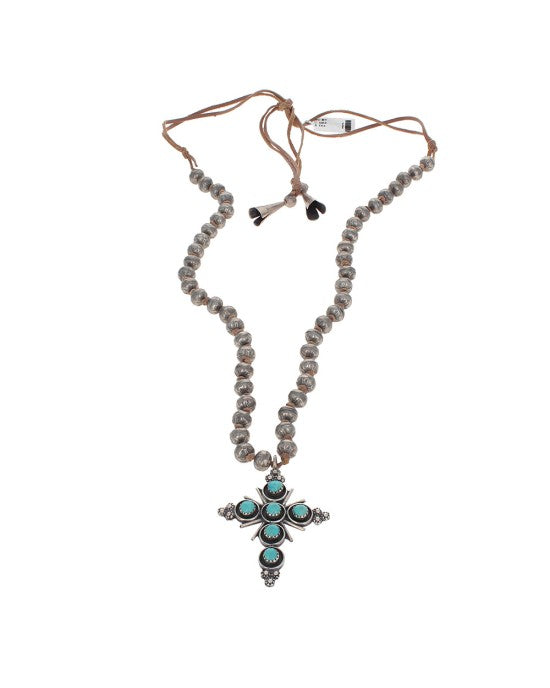 Zuni Sterling Silver Bead Turquoise & Coral Reversible Cross Necklace