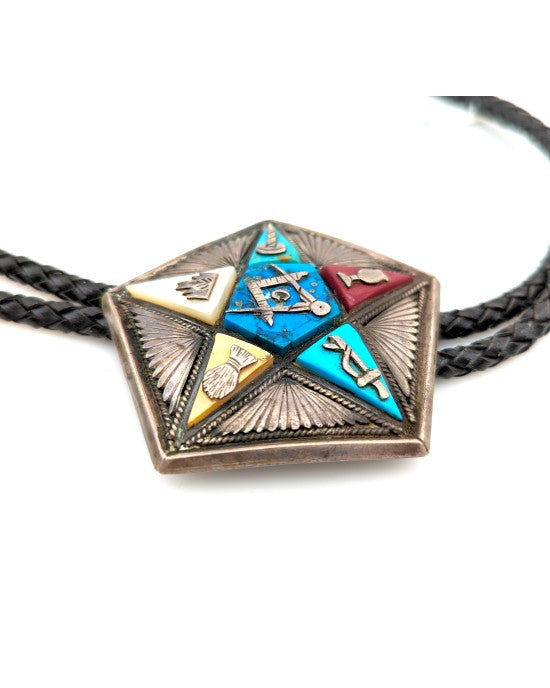 Navajo Sterling Silver Multi-Stone Inlay Order of the Eastern Star Masonic Bolo Tie