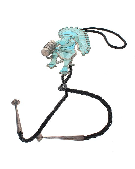 Zuni Eddie Beyuka Sterling Silver Turquoise Dancer With Drum Bolo Tie