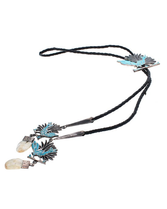 Zuni Sterling Silver Turquoise Road Runner Inlay Bolo Tie