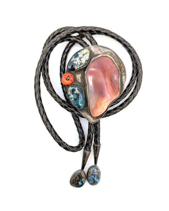 Sterling Silver Bloodstone Variscite Turquoise Coral Western Bolo Tie