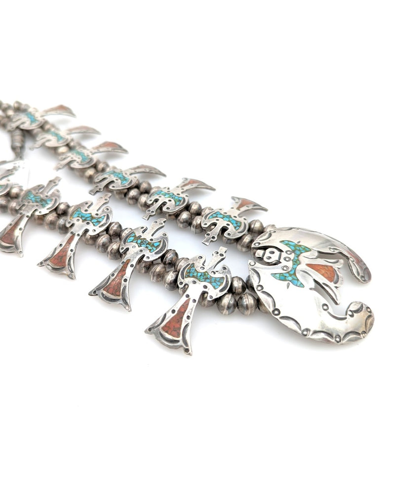 Navajo Sterling Silver Turquoise Coral Chip Inlay Peyote Bird Squash Blossom Necklace