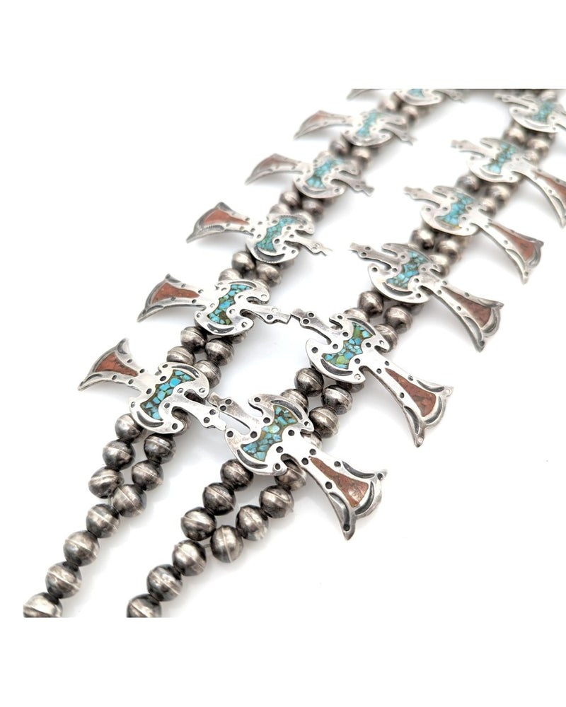 Navajo Sterling Silver Turquoise Coral Chip Inlay Peyote Bird Squash Blossom Necklace