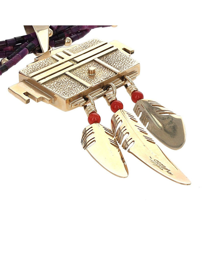 Navajo Ray Tracey 14K Yellow Gold Sugilite Bead & Sunface Inlay Necklace