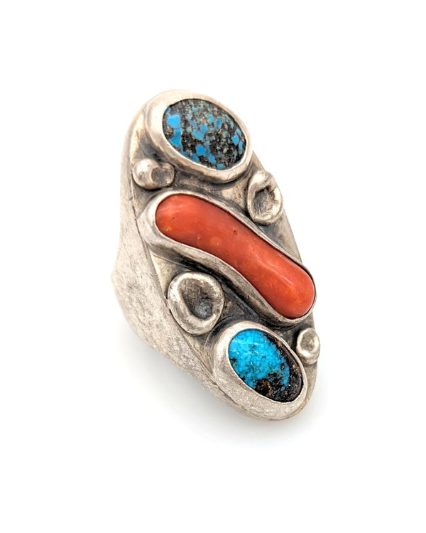 Navajo Sterling Silver Turquoise & Coral Ring